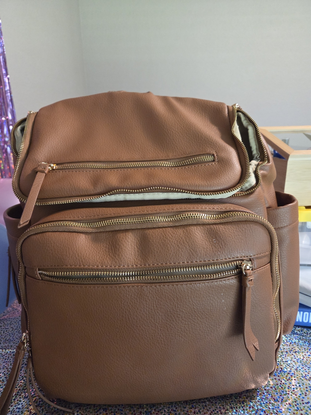 Kids' Faux-Leather Brown Backpack with Front Pockets